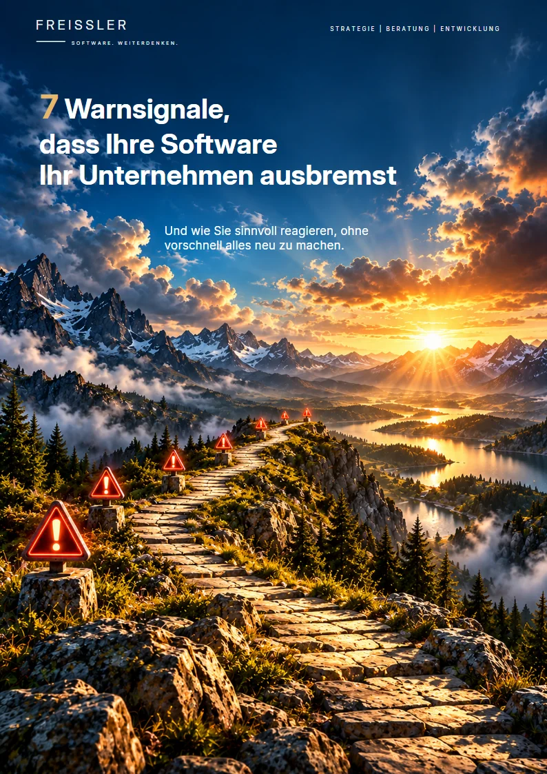 Titelbild der FREISSLER-Broschüre: 7 Warnsignale, dass Ihre Software Ihr Unternehmen ausbremst
