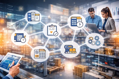 Digital business processes with warehouse, administration, and connected software workflows