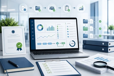 Modern office workspace with a dashboard for quality management, documents, audits, tasks and reporting, plus symbols for certification and process control