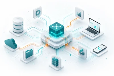 Abstrakte Darstellung verbundener Systeme, Datenquellen und Geräte über digitale Schnittstellen
