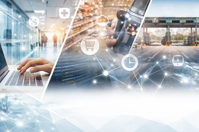 Collage of laptop, scanner, and toll station symbolizing software projects in healthcare, retail, and infrastructure