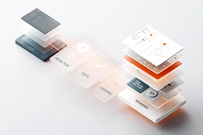 3D illustration of a migration process from legacy to modern software architecture