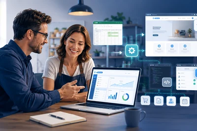 Beratungsgespräch in einem kleinen Unternehmen mit Laptop-Dashboard, Website-Entwurf und Symbolen für digitale Tools, Automatisierung und Weblösungen.