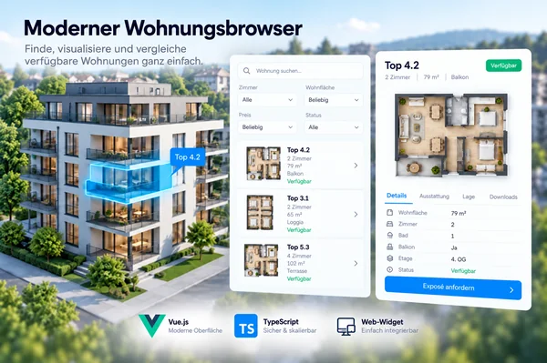 Interaktiver Wohnungsnavigator mit 3D-Gebäudedarstellung, Filtern und Wohnungsdetails