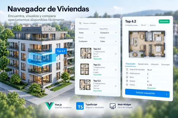 Navegador interactivo de viviendas con vista 3D del edificio, filtros y detalles de las viviendas