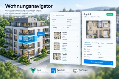 Interaktiver Wohnungsnavigator mit 3D-Gebäudedarstellung, Filtern und Wohnungsdetails