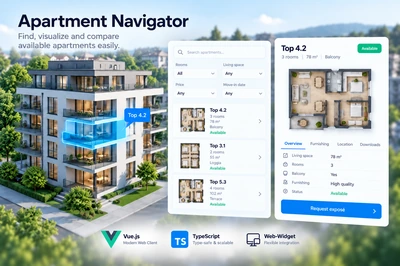 Interactive apartment navigator with 3D building view, filters, and apartment details